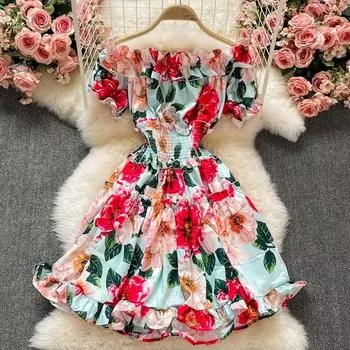 RUGOD летнее элегантное темпераментное платье трапециевидной формы без бретелек с эластичной резинкой на талии и принтом с оборками и короткими рукавами