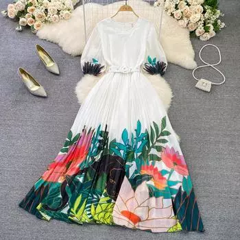 RUGOD летнее элитное легкое роскошное темпераментное плиссированное платье трапециевидной формы с круглым вырезом и талией, элегантное длинное платье M белый