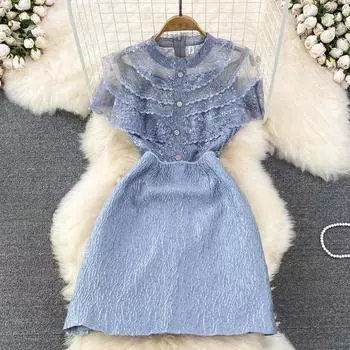 RUGOD летнее элитное легкое роскошное женское жаккардовое платье трапециевидной формы с круглым вырезом и сетчатой строчкой на талии S синий