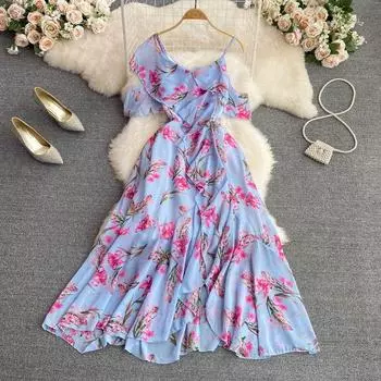 RUGOD Летнее элитное темпераментное шифоновое платье трапециевидной формы с v-образным вырезом и открытыми плечами и высокой талией, элегантное длинное платье