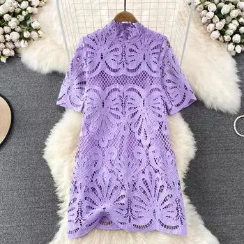 RUGOD летнее европейское и американское темпераментное полуводолазка с короткими рукавами, свободное полое водорастворимое кружевное платье трапециевидной формы для женщин