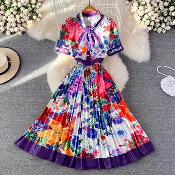 RUGOD летнее европейское легкое роскошное темпераментное плиссированное платье трапециевидной формы с галстуком-бабочкой на талии, элегантное большое свободное платье M фиолетовый