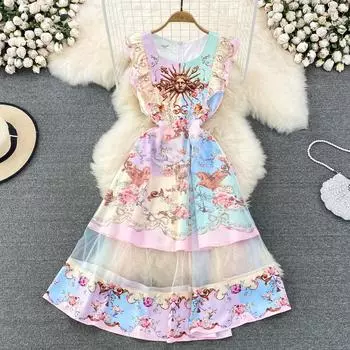 RUGOD Летнее европейское модное модное платье с квадратным воротником на талии и тонкими летящими рукавами, сетчатое платье с надписью, большое распашное длинное платье S