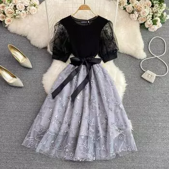 RUGOD летнее европейское платье высокого качества с круглым вырезом, вязаное сетчатое платье трапециевидной формы, элегантное длинное платье M чёрный