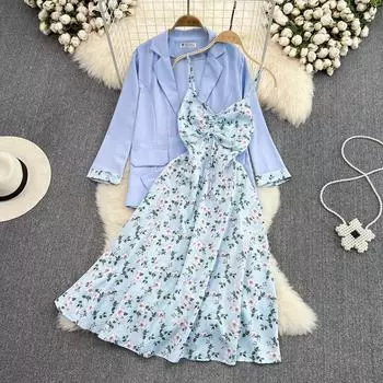 RUGOD летнее французское нежное платье на бретельках с цветочным принтом феи, свободный костюм средней длины, куртка, сексуальное платье с тонкой талией, элитный костюм