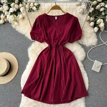 RUGOD Летнее французское нишевое платье в нежном стиле с талией и уменьшением возраста, с тонкими пышными рукавами, милое женское платье трапециевидной формы с v-образным вырезом