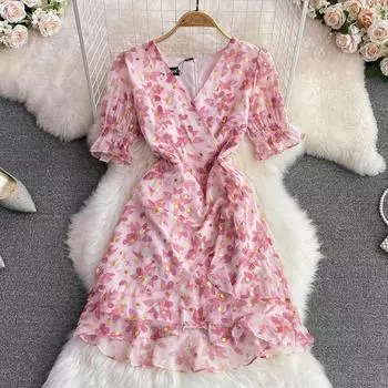 RUGOD летнее французское платье первой любви, милое шифоновое платье с цветочным принтом и треугольным вырезом на талии, женское платье с треугольным вырезом и короткими рукавами