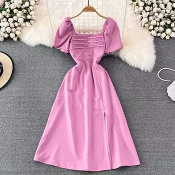 RUGOD Летнее французское платье первой любви, нежное платье трапециевидной формы с квадратным вырезом и пышными рукавами на талии, тонкое платье трапециевидной формы с разрезом средней длины