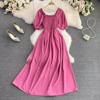 RUGOD Летнее французское платье первой любви в стиле ретро с квадратным вырезом и пышными рукавами на талии, тонкое платье трапециевидной формы, элегантное, большое, свободное, длинное платье One Size