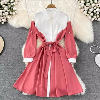 RUGOD Летнее французское ретро-платье-рубашка контрастного цвета средней длины с тонкой талией и длинными рукавами, однобортное платье трапециевидной формы