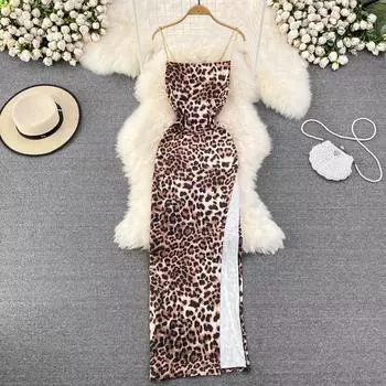 RUGOD, летнее и американское платье на подтяжках с леопардовым принтом в европейском и американском стиле, облегающее платье без рукавов с разрезом и сумкой на бедрах S