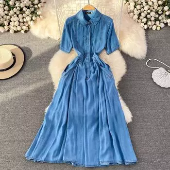 RUGOD летнее легкое джинсовое платье трапециевидной формы в стиле ретро с лацканами на талии, элегантное большое длинное платье с открытой талией M синий