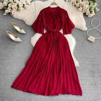 RUGOD летнее легкое и приготовленное стильное тонкое плиссированное шифоновое платье трапециевидной формы с круглым вырезом и галстуком-бабочкой на талии, элегантное большое длинное платье-качели One Size чёрный