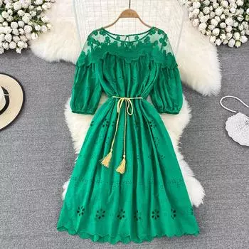 RUGOD летнее легкое и зрелое платье в стиле ретро с круглым вырезом и кружевной вышивкой, ажурное платье трапециевидной формы для морского отдыха, большое распашное платье One Size синий