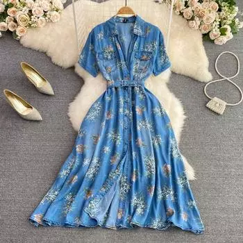 RUGOD Летнее легкое и зрелое стильное тонкое однобортное джинсовое платье с v-образным вырезом и талией, элегантное длинное платье большого размера M синий