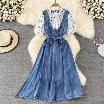 RUGOD летнее легкое и зрелое темпераментное облегающее джинсовое платье трапециевидной формы из двух частей с воротником-стойкой и волнистой кромкой на талии M синий