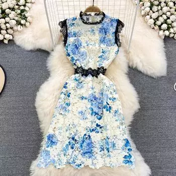 RUGOD Летнее модное элитное легкое роскошное тонкое кружевное платье трапециевидной формы без рукавов с круглым вырезом и талией