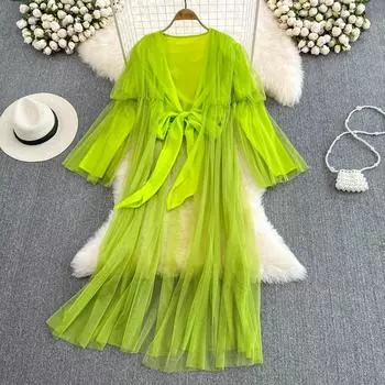 RUGOD Летнее модное индивидуальное платье для отдыха на море с v-образным вырезом и завязками на шнуровке, сетчатое кардиган средней длины, шифоновое платье