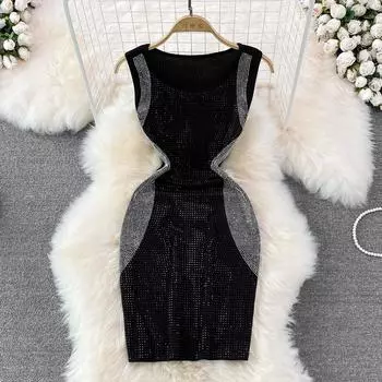 RUGOD летнее модное новое платье с круглым вырезом одинакового цвета, облегающее блестящее платье без рукавов с бриллиантами, женское платье для прыжков