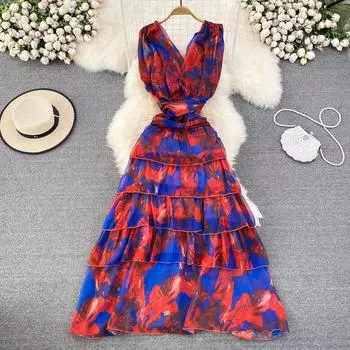 RUGOD Летнее модное темпераментное платье с v-образным вырезом на талии, тонкое платье для торта с принтом, длинное платье для отдыха на берегу моря S синий