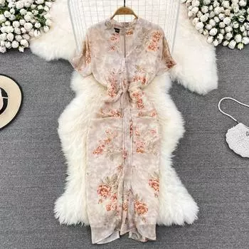 RUGOD Летнее модное темпераментное женское платье трапециевидной формы с v-образным вырезом и тонким плиссированным разрезом с цветочным принтом