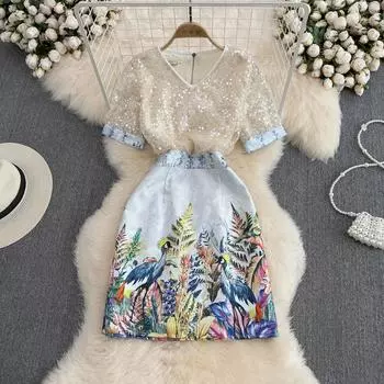 RUGOD летнее модное темпераментное женское платье с v-образным вырезом и блестящими пайетками, тонкое короткое платье с принтом