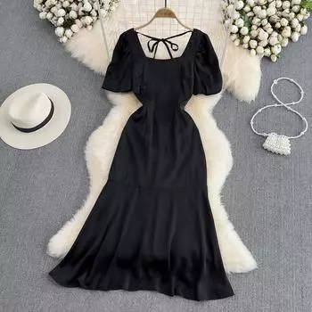 RUGOD Летнее нежное ветровое платье с квадратным вырезом и короткими рукавами на талии, тонкое платье трапециевидной формы с рыбьим хвостом, элегантное длинное платье