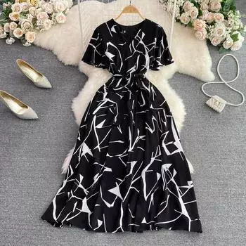 RUGOD летнее нежное ветровое платье трапециевидной формы с v-образным вырезом и короткими рукавами и талией для похудения, элегантное темпераментное длинное платье с длинными рукавами