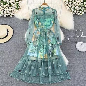 RUGOD летнее нежное ветровое платье трапециевидной формы с круглым вырезом и длинными рукавами на талии, элегантное длинное платье с большими качелями