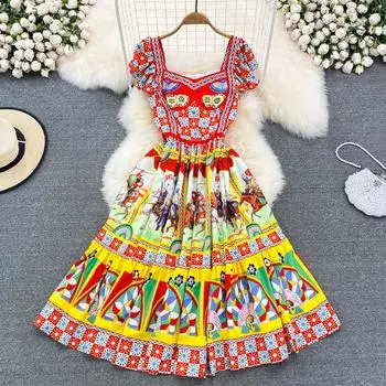 RUGOD летнее новое европейское платье с квадратным воротником на талии, утягивающее летящие рукава, большое свободное платье с буквенным принтом, женское M