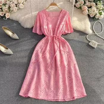 RUGOD летнее новое французское платье трапециевидной формы с v-образным вырезом и завязками на талии, тонкое плиссированное платье трапециевидной формы с высокой талией и вышивкой