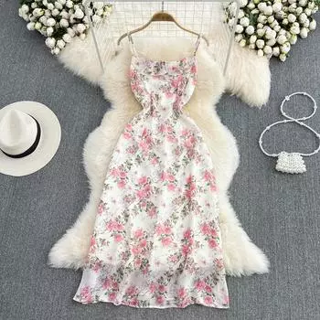 RUGOD летнее новое французское шифоновое платье First Love розового цвета с цветочным принтом женское платье трапециевидной формы на подтяжках нежного ветра