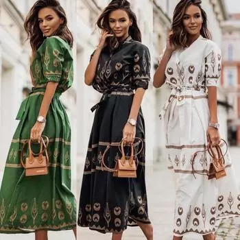 RUGOD летнее новое льняное платье-рубашка с короткими рукавами и воротником-стойкой на талии, однобортное женское платье средней длины S чёрный