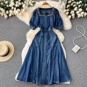 RUGOD летнее новое модное джинсовое платье с квадратным вырезом и короткими рукавами в стиле ретро, женское длинное платье трапециевидной формы с тонкой талией M синий