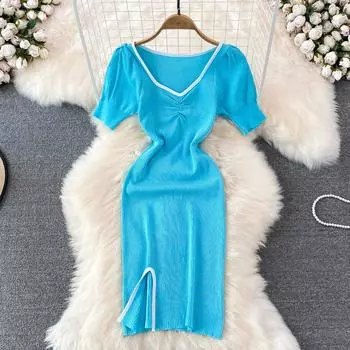 RUGOD летнее новое стильное сексуальное женственное облегающее платье с v-образным вырезом и тонким разрезом на ягодицах