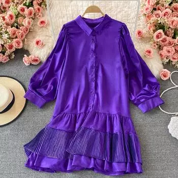 RUGOD летнее однотонное фиолетовое кукольное платье с рюшами, однобортное свободное платье больших размеров с лацканами, женское модное платье для отпуска