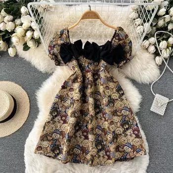 RUGOD, летнее платье 2022, новое французское ретро-медвежье модное темпераментное платье с пышными рукавами, тонкое женское платье с талией S