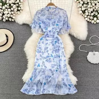 RUGOD Летнее платье Новое ретро-платье Cheongsam в китайском стиле Модное платье-стойка с воротником-стойкой в виде листа лотоса Slim Fit Шифон с цветочным принтом Пакет Бедро