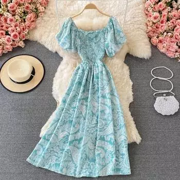 RUGOD летнее платье с тонким ветром и французской талией, с квадратным вырезом и пышными рукавами, с короткими рукавами, приморское праздничное пляжное платье