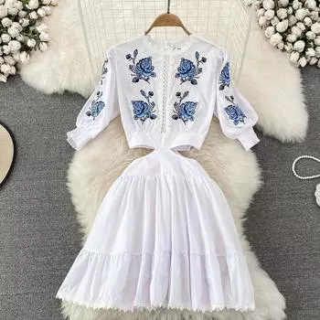 RUGOD летнее платье в стиле суда в стиле ретро с круглым вырезом, рукавами с пятью точками, вышитое, с открытой талией, тонкое женское платье трапециевидной формы