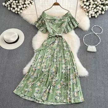 RUGOD Летнее пляжное платье для отдыха на море сексуальное с открытой талией на одно плечо шифоновое плиссированное платье трапециевидной формы с цветочным принтом и коротким рукавом One Size чёрный