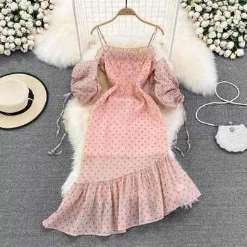 RUGOD Летнее пляжное платье для отдыха на берегу моря Супер Фея Бюстгальтер Платье на подтяжках Модное шифоновое платье с высокой талией и волнистой точкой с запахом Хип-рыбий хвост