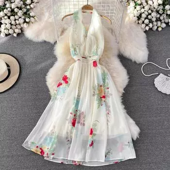 RUGOD летнее ретро темпераментное платье трапециевидной формы с бретелькой на шее и открытой спиной, без рукавов, с принтом на талии, модное приморское праздничное пляжное платье