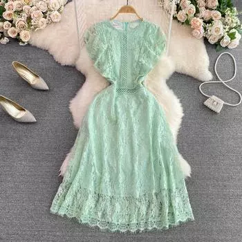 RUGOD летнее ретро высококачественное темпераментное кружевное платье с круглым вырезом и летящими рукавами на талии, тонкое кружевное платье трапециевидной формы для женщин