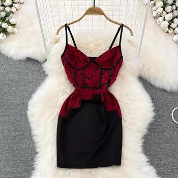 RUGOD летнее сексуальное платье с глубоким вырезом на подтяжках и кружевной строчкой на талии, тонкое короткое платье без рукавов с рюкзаком на бедрах