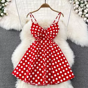 RUGOD летнее сексуальное праздничное платье модное женское платье с высокой талией в горошек и глубоким V-образным вырезом с открытой спиной и рукавами, свободное платье