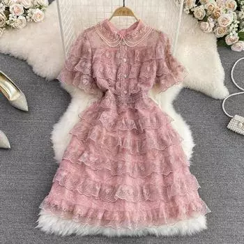 RUGOD летнее светлое роскошное платье в дворцовом стиле в стиле ретро с кукольным воротником и высокой талией, тонкое кружевное платье трапециевидной формы, женское S розовый
