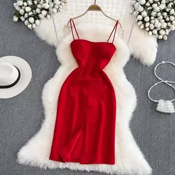 RUGOD летнее темпераментное платье на подтяжках с топом без рукавов, модное облегающее платье без рукавов с открытой спиной, облегающее платье с разрезом и сумкой на бедрах