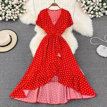 RUGOD Летнее темпераментное платье с треугольным вырезом на талии и тонким платьем трапециевидной формы с рюшами в горошек Нежное длинное платье с большим распашным рисунком