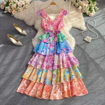 RUGOD летнее темпераментное платье в стиле ретро с v-образным вырезом и высокой талией, тонкое платье с рюшами и принтом, элегантное длинное платье